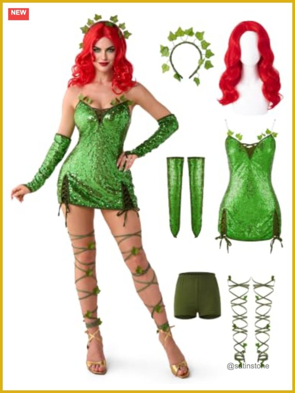 Halloween Villain Ivy Costume Women Dress Headband Cuffs Leg Wraps Panties Wig
